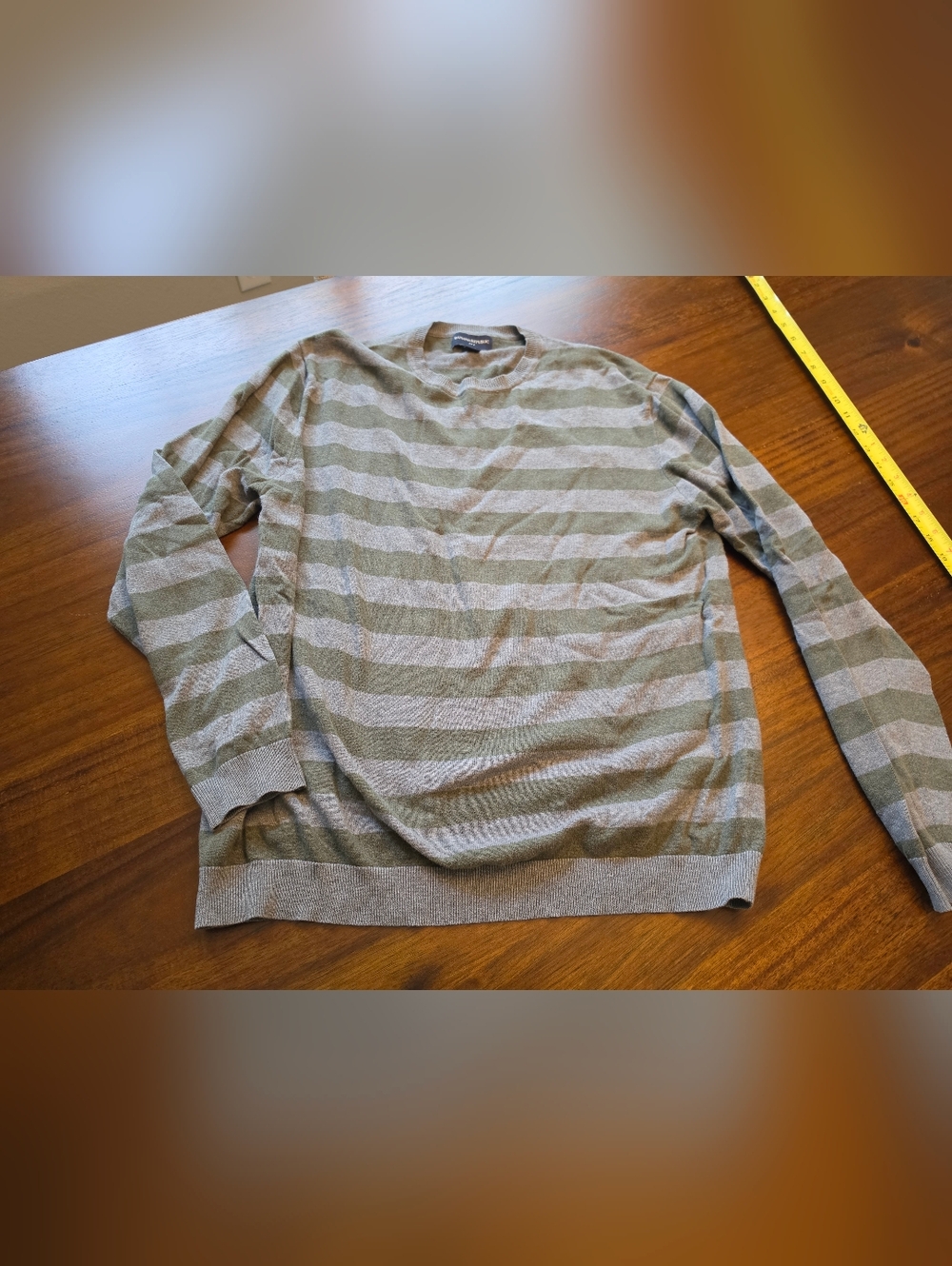 Men's Striped Crewneck Sweater - Olive Green and Gray
